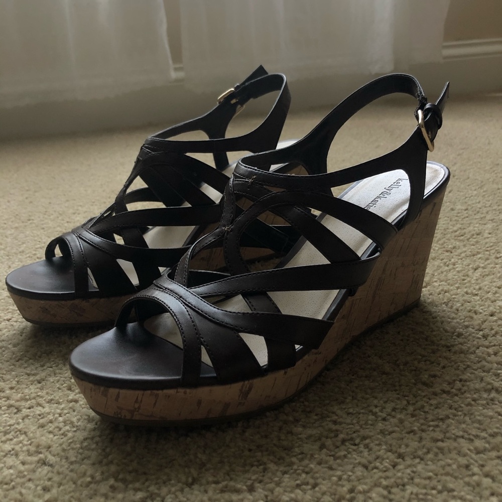 Brown leather strapped wedges